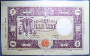 reverse: REPUBBLICA SOCILE ITALIANA 1000 LIRE 6/3/1944 GRANDE M B.I. NC qBB (RIPARATA)