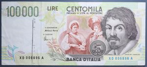 reverse: REPUBBLICA ITALIANA 100000 LIRE 1997 CARAVAGGIO 2° TIPO SERIE SOSTITUTIVA XD-A BB-SPL (TIMBRO E FORI)