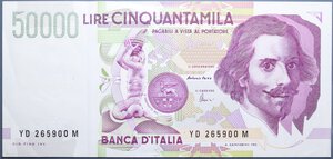 reverse: REPUBBLICA ITALIANA 50000 LIRE 1997 BERNINI 2° TIPO SPL