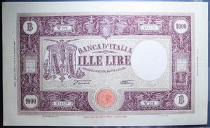 reverse: REPUBBLICA ITALIANA 1000 LIRE 22/7/1946 GRANDE M B.I. BB-SPL (TRATTATA)