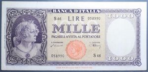 reverse: REPUBBLICA ITALIANA 1000 LIRE 20/3/1947 ITALIA ORNATA DI PERLE TESTINA R BB+