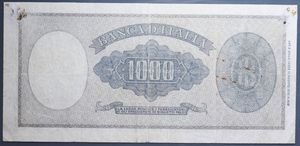 obverse: REPUBBLICA ITALIANA 1000 LIRE 11/2/1949 ITALIA ORNATA DI PERLE MEDUSA R BB (RESTAURATA)