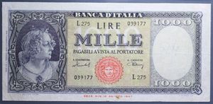 reverse: REPUBBLICA ITALIANA 1000 LIRE 11/2/1949 ITALIA ORNATA DI PERLE MEDUSA R BB (RESTAURATA)