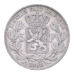 reverse: BELGIO LEOPOLDO II 5 FRANCS 1868 AG. 24,83 GR. BB/BB+