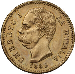obverse: Umberto I (1878-1900). 20 lire 1882 oro rosso