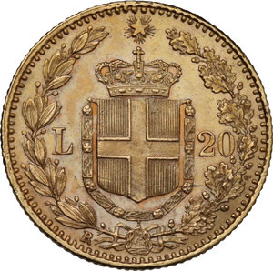 reverse: Umberto I (1878-1900). 20 lire 1882 oro rosso