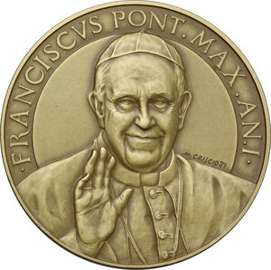 obverse: Francesco I (2013- ), Jorge Mario Bergoglio. Trittico in cofanetto della zecca di medaglie A. I comprendente oro, argento e bronzo