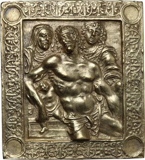 obverse: Placchetta quadrata in bronzo dorato, fuso, rifinita al cesello, 1500-1510