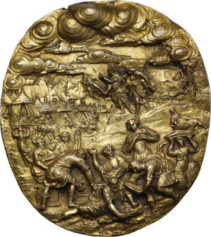 obverse: Placca ovale in bronzo dorato raffigurante La Caduta della Manna. XVI sec., maestro italiano (?)