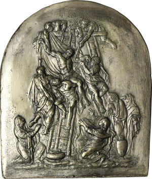 obverse: Placchetta rettangolare con la parte superiore a mezza luna, in bronzo dorato. Italia del Nord, tardo XVI socolo
