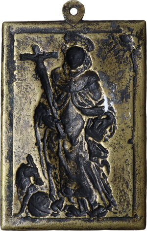 reverse: Placchetta quadrata in bronzo dorato di Scuola Spagnola, fine XVI-inizio XVII secolo