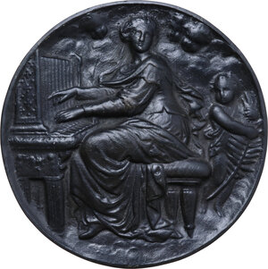 obverse: Grande placca  rotonda in bronzo raffigurante Santa Cecilia intenta a suonare l organo. Italia, XVIII secolo