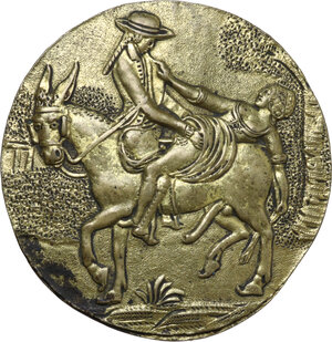 obverse: Placchetta rotonda in bronzo dorato raffigurante coppia di amanti su asinello intenti ad effusioni. Sud Europa, XVIII secolo