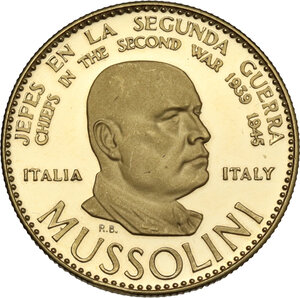 obverse: Medaglia 1958 emessa dal Banco Italo-Venezolano per la serie – Chiefs in the Second War series ITALY - MUSSOLINI. Coniata nella zecca di Karlsruhe (Baden, Germania dell Ovest)