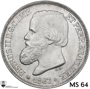 obverse: Brazil.  Pedro II (1831-1889). 200 Reis 1867, Rio de Janeiro mint