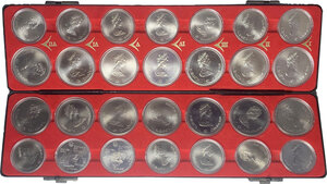 reverse: Canada.  Elizabeth II (1952-2022). Collection of twenty-eight (28) commemorative Olympic silver 5 and 10 dollars in their original box.  Silver weight: 1020 g