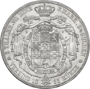 reverse: Germany.  Braunschweigb. Wilhelm I (1831-1884). 2 Talers or 3 1/2 Gulden 1855 B (Johann W. Chr. Brumleu, Johannes George Fritz)