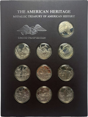reverse: USA.  The American Heritage. Medallic Treasury of American History.. Set of twenty (20) 39 mm. silver medals depicting historical american events.  Silver weight: 670 g