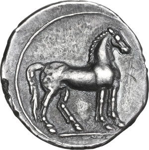 reverse: Bruttium, Carthaginians in South-West Italy. AR Quarter Shekel, c. 215-205 BC. Second Punic War issue. Uncertain Punic mint in Bruttium (Lokris?)