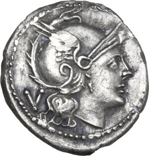 obverse: ROMA in monogram series.. AR Quinarius, uncertain mint in South East Italy, c. 214 BC