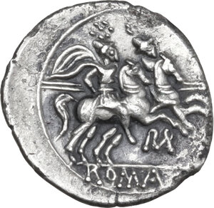 reverse: ROMA in monogram series.. AR Quinarius, uncertain mint in South East Italy, c. 214 BC