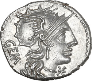 obverse: M. Aburius M.f. Geminus. AR Denarius, 132 BC