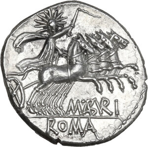 obv: M. Aburius M.f. Geminus. AR Denarius, 132 BC