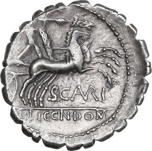 reverse: M. Aurelius Scaurus.. AR Denarius serratus, 118 BC