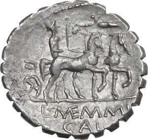 reverse: L. Memmius Galeria. AR Denarius serratus, 106 BC
