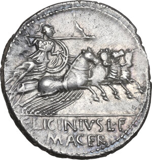 reverse: C. Licinius L. f. Macer. AR Denarius, 84 BC