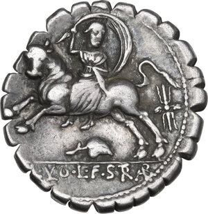 reverse: L. Volteius (o Volumnius) L.f. Strabo.. AR Denarius serratus, 81 BC