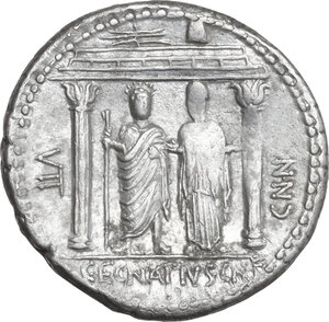 reverse: Cn. Egnatius Cn. f. Cn. n. Maxsumus.. AR Denarius, 75 BC