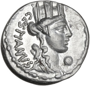 obverse: M. Plaetorius Cestianus. AR Denarius, Rome mint, 67 BC
