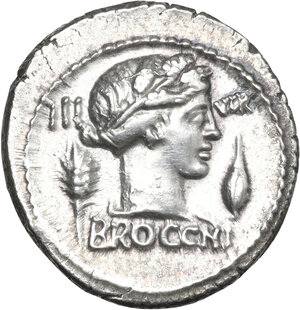 obverse: L. Furius Cn. f. Brocchus. AR Denarius, 63 BC