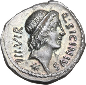 obverse: Q. Sicinius with C. Coponius. AR Denarius, mint moving with Pompey, 49 BC