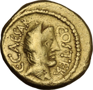 obverse: Julius Caesar.. AV Aureus, 46 BC. Rome mint, Aulus Hirtius, praetor