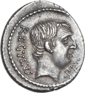 obverse: L. Livineius Regulus. AR Denarius, 42 BC
