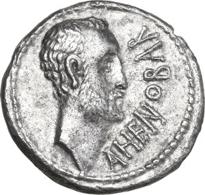 obverse: Cn. Domitius Ahenobarbus.. AR Denarius, 41 BC, mint moving with Ahenobarbus