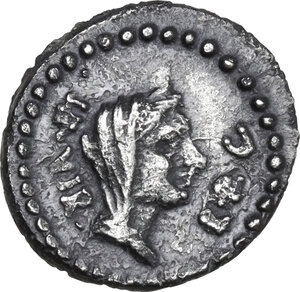obverse: Marcus Antonius with Octavianus. AR Quinarius, mint moving with Octavianus, 39 BC