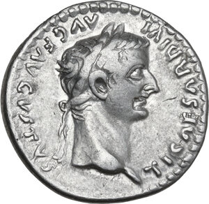 obverse: Tiberius (14-37).. AR Brockage Denarius, 
