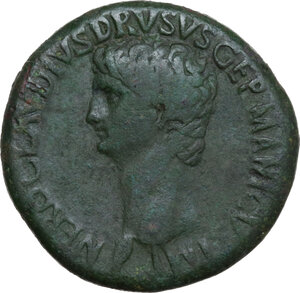 obverse: Nero Claudius Drusus, brother of Tiberius, father of Germanicus and Claudius (died 9 AD).. AE Sestertius, struck under Claudius, 41-50 AD