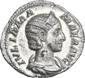 obverse: Julia Mamaea, mother of Severus Alexander (died 235 AD).. AR Denarius, Rome mint.  Struck under Severus Alexander, 225-235 AD