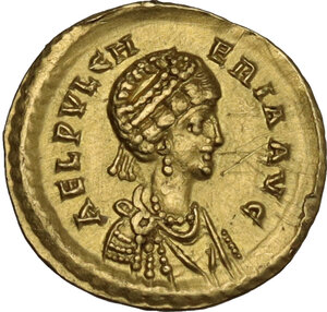 obverse: Aelia Pulcheria, sister of Theodosius II and wife of Marcian (414-453)..  AV Tremissis. Constantinople mint, c. 439 AD