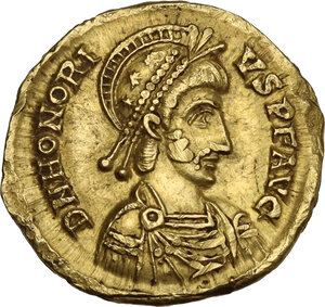 obverse: Honorius (393-423).. AV Solidus, Ravenna mint,