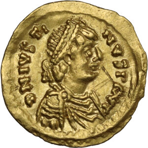 obverse: Ostrogothic Italy, Theoderic (493-526).. AV Tremissis in the name of Justin I, Rome mint, c. 518-526 AD