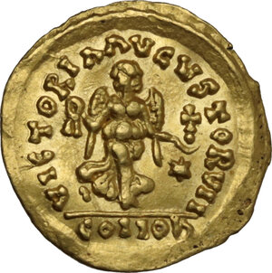 reverse: Ostrogothic Italy, Theoderic (493-526).. AV Tremissis in the name of Justin I, Rome mint, c. 518-526 AD
