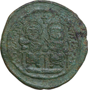 obverse: Justin II and Sofia (565-578).. AE Follis. Cyzicus mint, 2nd officina. Dated RY 3 (567/8)