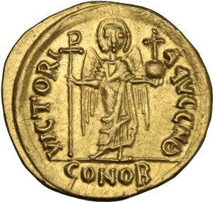reverse: Maurice Tiberius (582-602).. AV Solidus, Carthage mint. Dated Indiction Year 9 (AD 590/1)