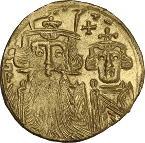 obverse: Constans II, with Constantine IV (641-668). . AV Solidus. Constantinople mint. Struck circa 661-663