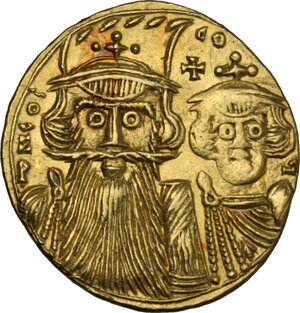 obverse: Constans II, with Constantine IV (641-668). . AV Solidus. Syracuse mint, c. 661-668